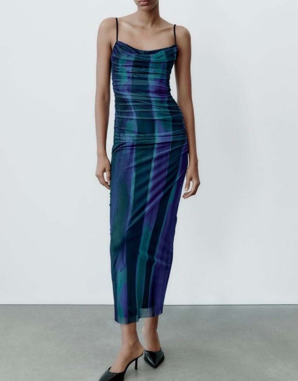 Zara Printed Mesh Draped Midi Dress Size L